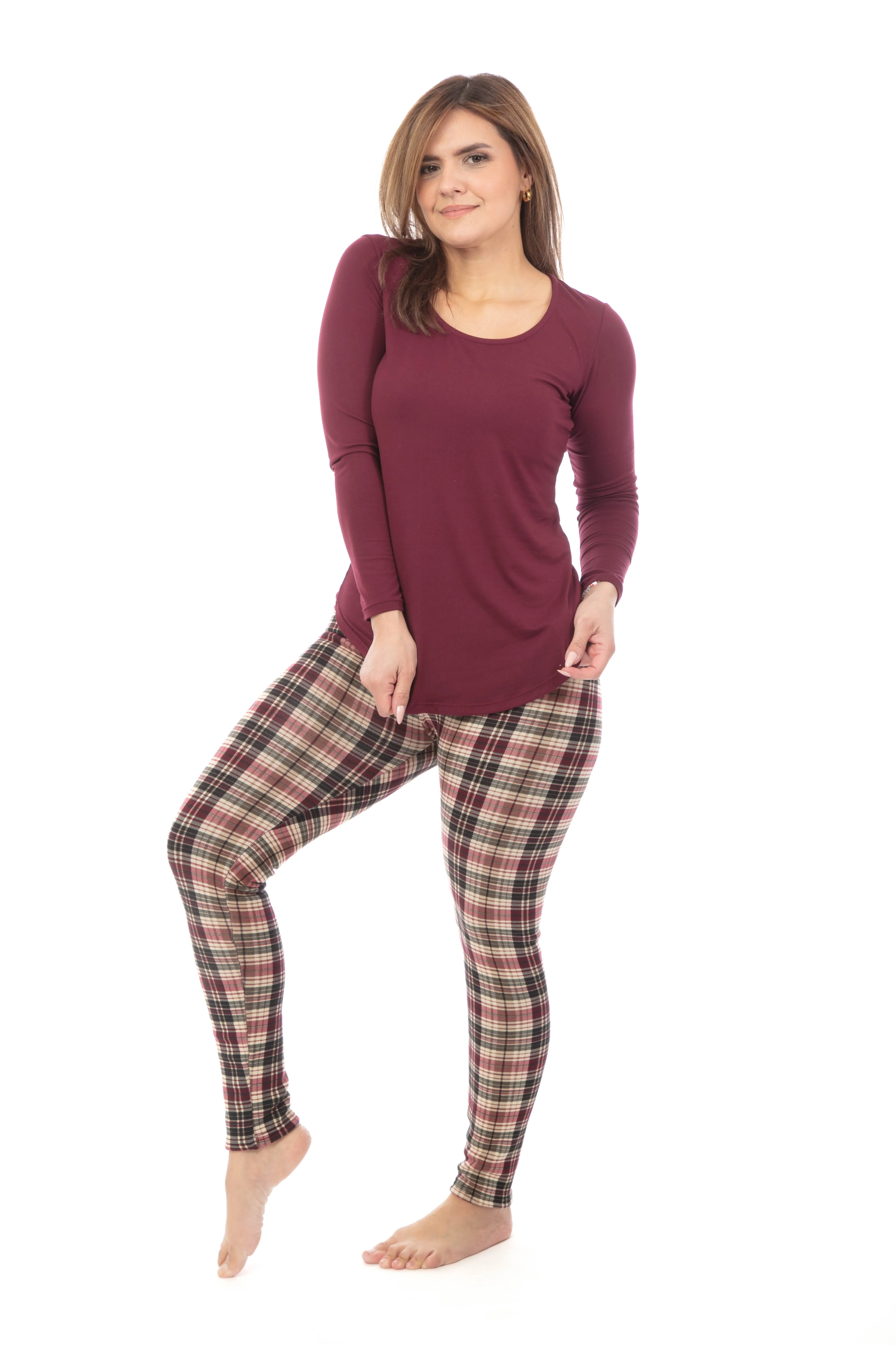 Burgundy Plaid - Cozy Lined Leggings - Image 2